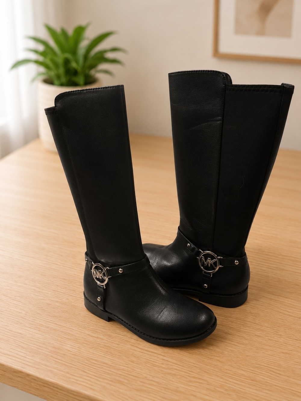 Michael Kors Black Tall Leather Riding Boots with MK Logo For Little Girl